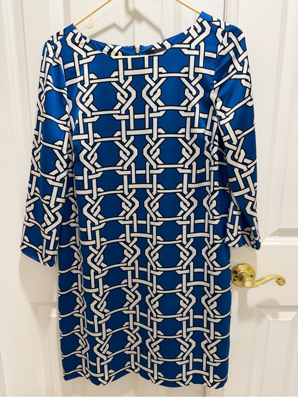 The Limited Blue and White Geometric Long Sleeve Shift Dress size medium